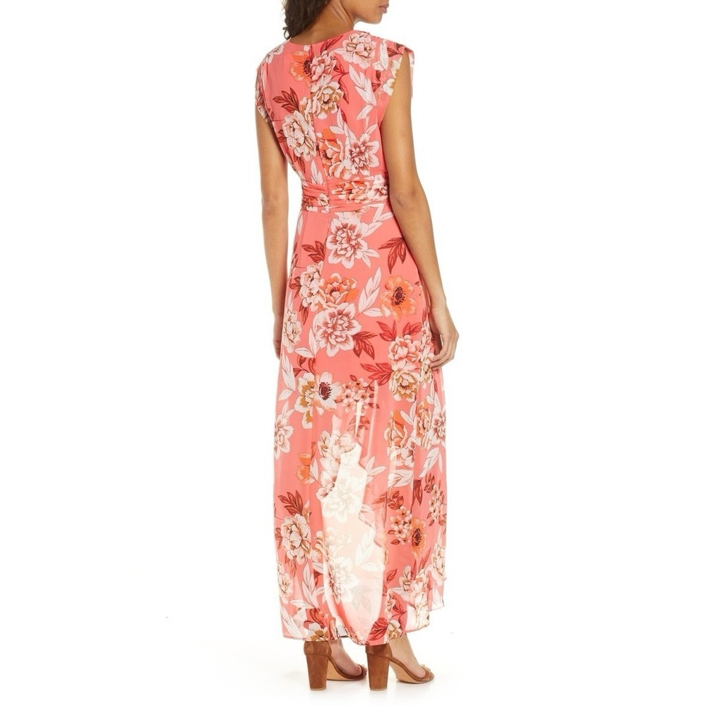 ELIZA J Pink Surplice V-Neck Pleated Waist High/Low Chiffon Maxi Dress 8